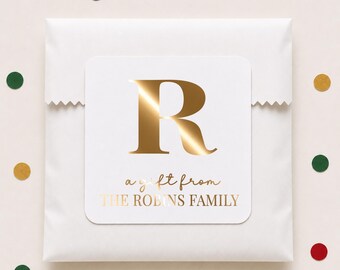 Monogram 'A Gift From' Stickers, Personalized Family Name Christmas or Holiday Foil Party Favor Labels