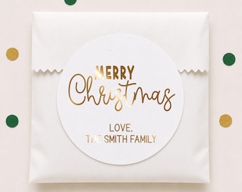 Christmas Gift Stickers, Personalized Holiday Party Favor Labels, Family Name Foil Gift Tags