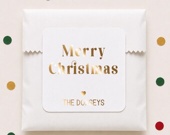 Merry Christmas Gift Labels, Personalized Foil Holiday Party Favor Stickers