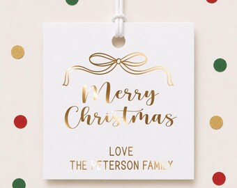 Foil Merry Christmas Bow Gift Tags, Personalized Holiday Favor Tags