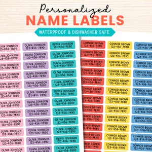 May include: Two sheets of rectangular personalized name labels in various colors including pink, purple, teal, red, yellow, and blue. Each label features a name and phone number. Text reads: Personalized NAME LABELS WATERPROOF & DISHWASHER SAFE.