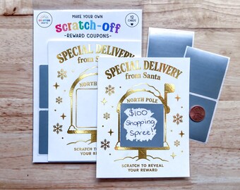 Foil North Pole Gift from Santa Scratch Off Cards, DIY Reward Voucher Coupons, Stocking Stuffers for Kids