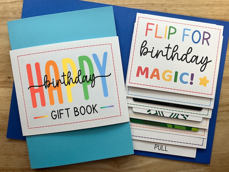 Pu&ograve; includere: Un colorato libro di regali di compleanno con una copertina blu. La copertina recita "HAPPY birthday GIFT BOOK" in colori arcobaleno. All'interno, le carte dicono "FLIP FOR birthday MAGIC!" e "PULL".