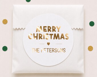Foil Merry Christmas Gift Stickers, Personalized Family Name Holiday Favor Labels