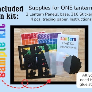 May include: A craft kit for making a lantern, with the text "Included in kit:" and "Supplies for ONE lantern!" The kit includes lantern panels, stickers, tracing paper, and instructions. The text "All you need is a glue stick!" is also visible.