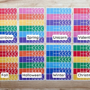 May include: Eight colorful cards with geometric designs and seasonal themes. Each card features a unique color scheme and the name of the theme: Rainbow, Spring, Unicorn, Valentine, Fall, Halloween, Winter, and Christmas.