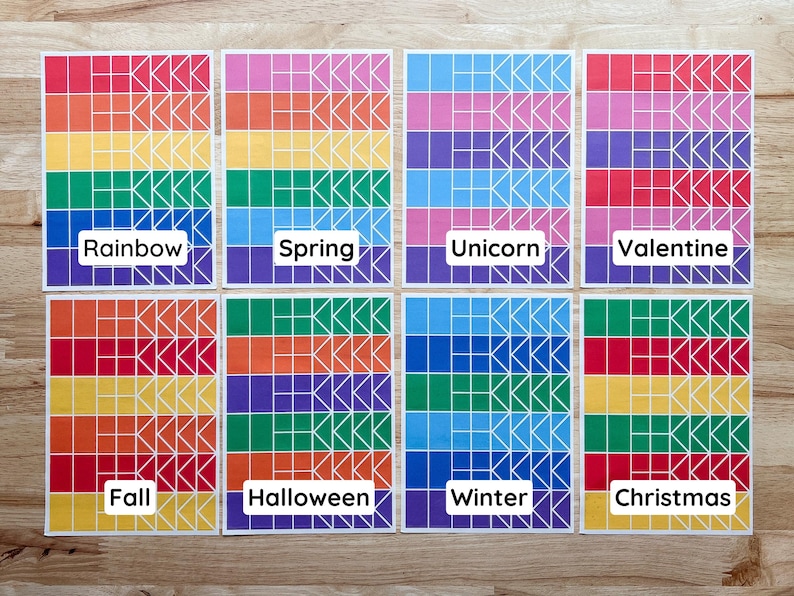 May include: Eight colorful cards with geometric designs and seasonal themes. Each card features a unique color scheme and the name of the theme: Rainbow, Spring, Unicorn, Valentine, Fall, Halloween, Winter, and Christmas.