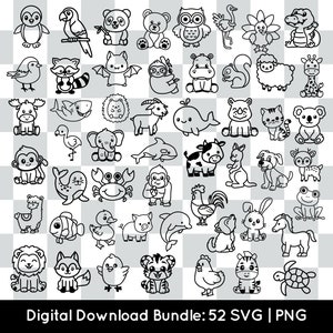 Paquete de animales PNG, 52 archivos de corte SVG para silueta de Cricut, safari, jungla, zoológico, circo, bosque, granja, océano, mar, clipart, descarga digital