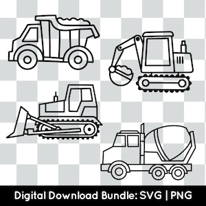 pacote de veículos de construção PNG SVG, arquivo de corte svg de máquina de construção para cricut silhueta caminhão basculante escavadeira trator betoneira clipart