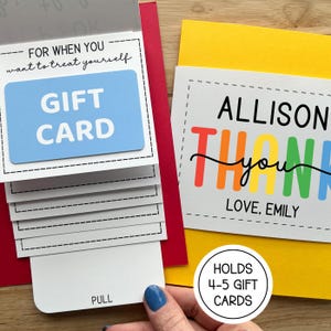 May include: A gift card holder with a blue gift card and the text "FOR WHEN YOU want to treat yourself". A yellow card with the text "ALLISON THANK YOU LOVE, EMILY" is also visible. The holder is designed to hold 4-5 gift cards.