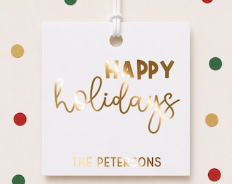Happy Holidays Gift Tags, Personalized Foil Family Name Christmas Party Favor Tags