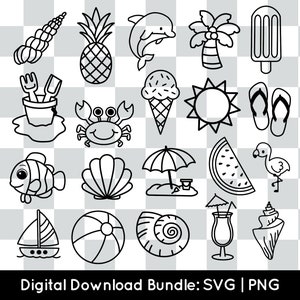 Op de afbeelding: Een set van 20 zwart-witte clip art afbeeldingen met een zomers thema. De afbeeldingen omvatten een ananas, een schelp, een krab, een watermeloen, een flamingo, een parasol, een palmboom, een ijslolly, een zeilboot, een strandbal, een zon, een dolfijn, een paar slippers, een emmer en schep, een vis, een ijshoorn en een cocktail.