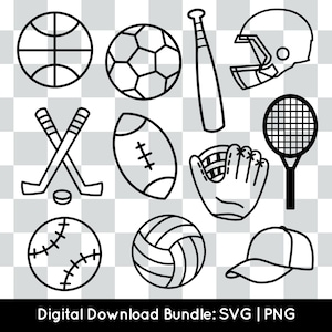 sportbundel PNG SVG, commercieel gebruik, atletiek gesneden bestand cricut silhouet, honkbal voetbal voetbal basketbal volleybal tennishockey