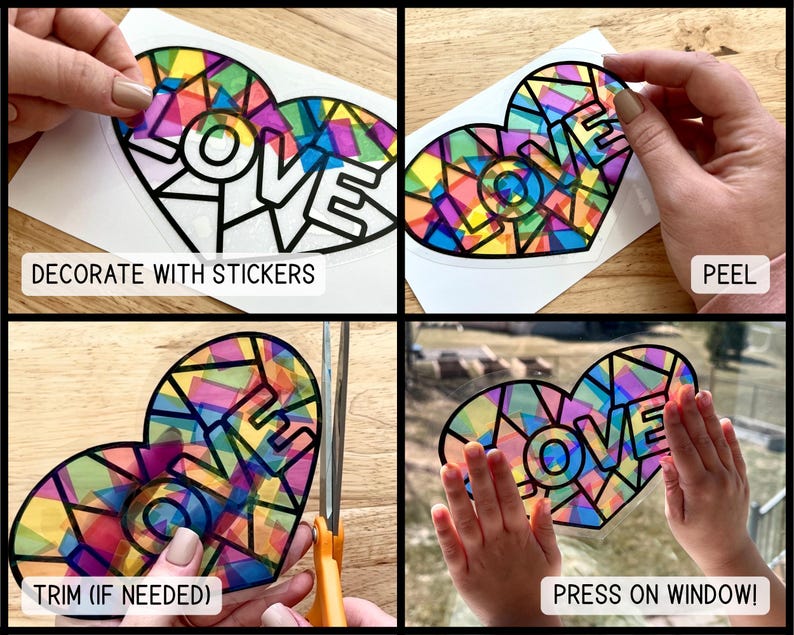 Op de afbeelding: Een hartvormige raamsticker met een moza&iuml;ekpatroon in glas-in-loodstijl in levendige kleuren met het woord LOVE in dikke zwarte letters. De afbeelding in vier delen toont het proces van versieren, pellen, bijknippen met een schaar en opplakken.