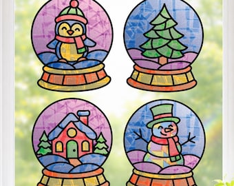 Snow Globe Craft Set for Kids, 4 Holiday Suncatcher Sticker Activities, Christmas Stocking Stuffer or Advent Calendar Filler
