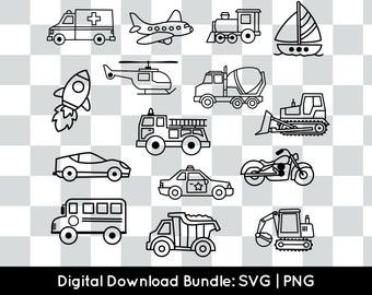 vehicle bundle PNG SVG, transportation svg cut file for cricut silhouette, automobile things that go emergency construction vehicle clipart