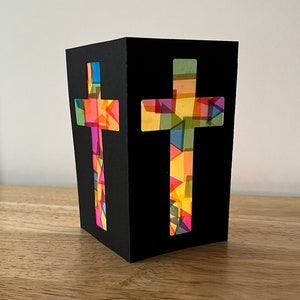 cross lantern craft kit for kids, faux stained glass luminaries, religious gift for teens, vacation bible school craft, arts and crafts, VBS