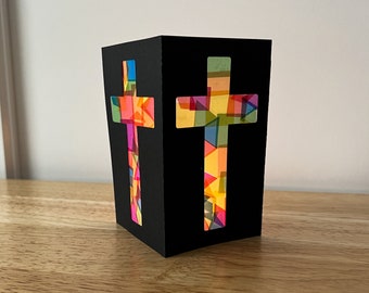 cross lantern craft kit for kids, faux stained glass luminaries, religious gift for teens, vacation bible school craft, arts and crafts, VBS