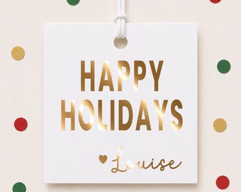 Personalized Happy Holidays Gift Tags, Custom Christmas Foil Party Favor Tags