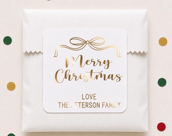 Merry Christmas Bow Gift Stickers, Personalized Foil Holiday Party Favor Labels