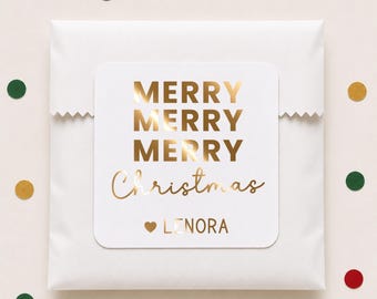 Personalized Merry Christmas Gift Stickers, Foil Holiday Labels, Custom Gift Tags