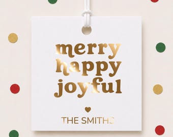Merry Happy Joyful Christmas Gift Tags, Personalized Foil Holiday Favor Tags