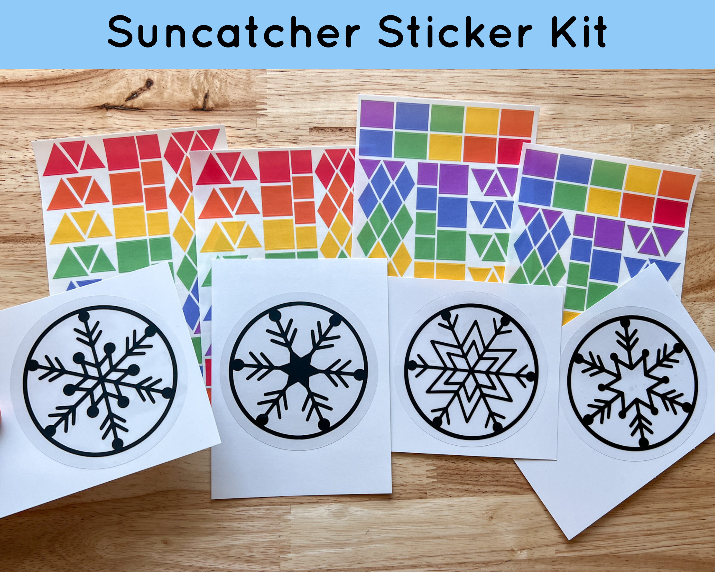 Snowflake Suncatcher Window Decal Set of 4, Winter Craft Kit for