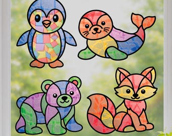 Arctic Animals Craft Set for Kids, 4 Winter Holiday Suncatcher Sticker Activities, Christmas Stocking Stuffer