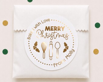 Personalized Christmas Baking Labels, Custom Foil Holiday Gift Stickers, Baked with Love Tags