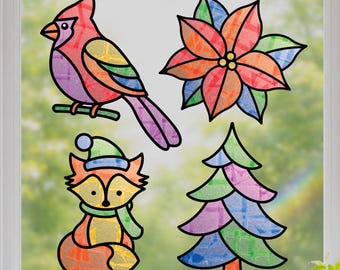 Woodland Christmas Craft Set for Kids, 4 Winter Holiday Suncatcher Sticker Activities, Stocking Stuffer