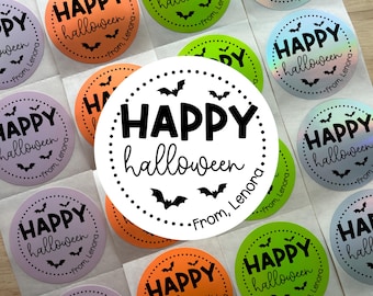 happy halloween treat bag labels SET OF 10, bat kids goodie bag stickers, personalized halloween classroom party favor stickers custom