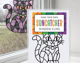 Black Cat Craft Kit for Kids, Halloween Suncatcher Window Sticker Activity