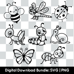 insetti bundle PNG SVG, uso commerciale, file di taglio insetti cricut silhouette, libellula coccinella cavalletta bruco farfalla formica clipart