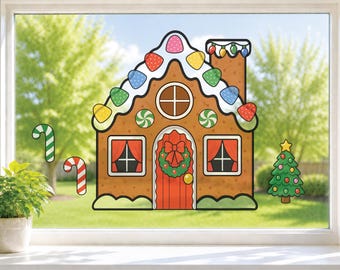 Build A Gingerbread House Scene Window Cling Kit, Reusable Christmas Decorations, Mix & Match Kids Holiday Activity