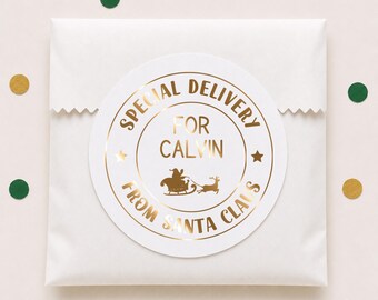 Special Delivery from Santa Gift Stickers for Kids, Personalized Foil Christmas Labels