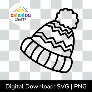 May include: A black and white illustration of a winter hat with a pom-pom. The hat has a zig-zag pattern on the crown and vertical stripes on the brim. The image includes the text "calenlou CRAFTS" and "Digital Download: SVG | PNG".