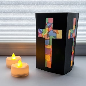 cross lantern craft kit for kids, faux stained glass luminaries, religious Easter basket stuffers for toddlers, first communion gift girl