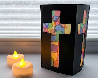cross lantern craft kit for kids, faux stained glass luminaries, religious Easter basket stuffers for toddlers, first communion gift girl