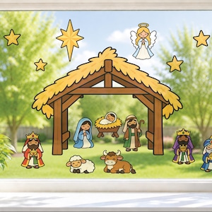 May include: A set of window decals featuring a nativity scene with a wooden stable, a baby in a manger, Mary, Joseph, three wise figures, an angel, a sheep, a cow, and several yellow stars. The cartoon-style illustrations are colorful.