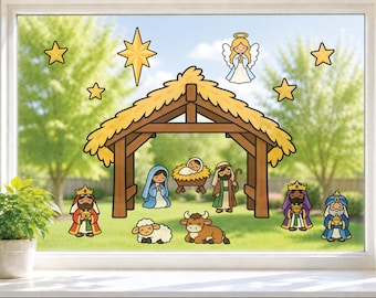 Build A Nativity Scene Window Cling Kit, Reusable Christmas Holiday Decorations, Mix & Match Religious Kids Activity