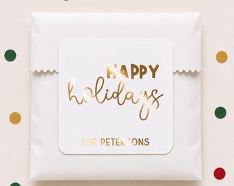Personalized Happy Holidays Gift Stickers, Custom Foil Christmas Party Favor Labels