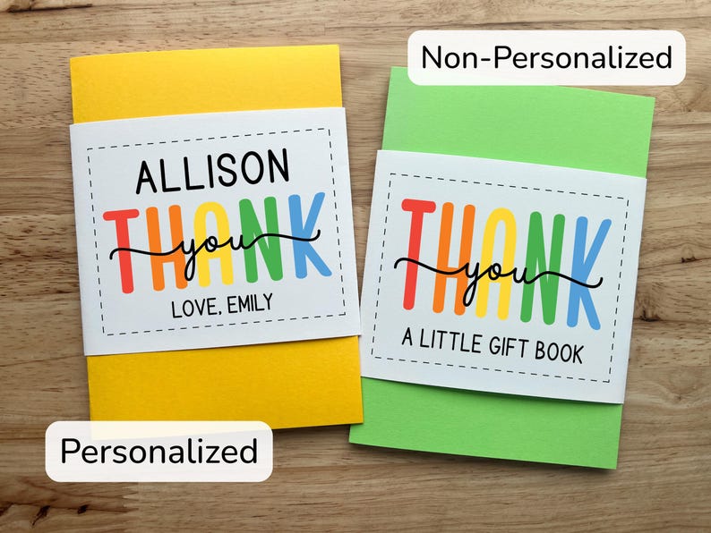 May include: Two small gift books, one yellow and one green, with white bands. The bands read "THANK you" in rainbow colors. The yellow book is personalized with a name and a closing. The green book reads "A LITTLE GIFT BOOK."