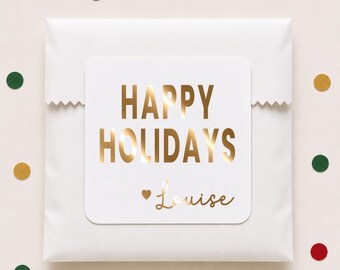 Happy Holidays Gift Labels, Personalized Foil Christmas Party Favor Stickers