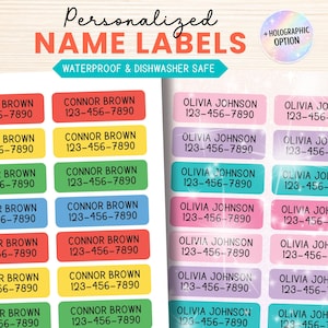 May include: A sheet of rectangular personalized name labels in various solid colors including red, yellow, green, and blue, alongside a sheet of holographic labels in pink, purple, and teal. Text reads Personalized Name Labels, Waterproof & Dishwasher Safe, and + Holographic Option.
