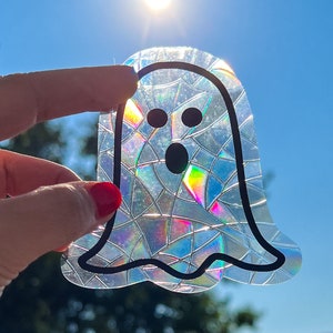 ghost suncatcher sticker for windows, spooky cute Halloween decor for home, boo basket fillers, whimsical Halloween rainbow maker window