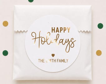 Holiday Gift Stickers, Personalized Christmas Party Favor Labels, Family Name Foil Gift Tags