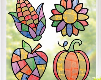 Harvest Craft Set for Kids, 4 Thanksgiving Suncatcher Sticker Activities, Fall Birthday Party Favor