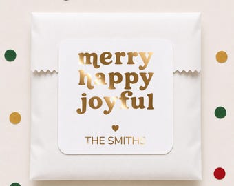 Merry Happy Joyful Christmas Gift Labels, Personalized Foil Holiday Party Favor Stickers