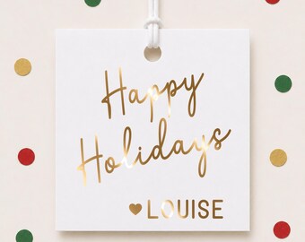 Custom Happy Holidays Favor Tags, Personalized Foil Christmas Gift Tags