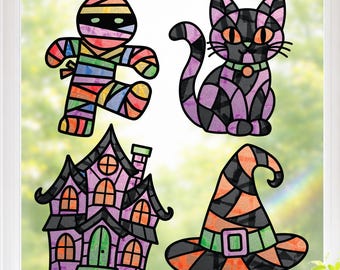 Spooky Craft Set for Kids, 4 Halloween Suncatcher Sticker Activities, Boo Basket Filler